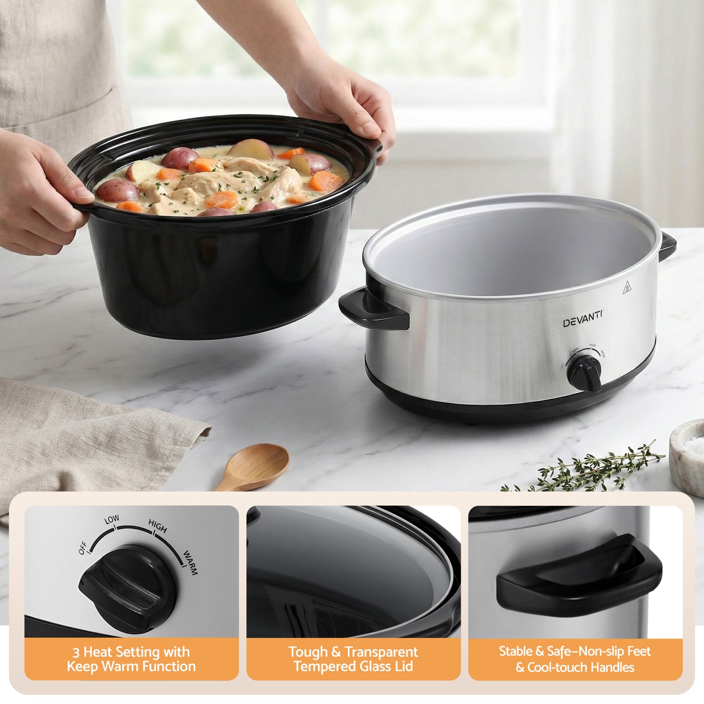 Devanti 6.5L Slow Cooker Electric Multi Cooker with 3 Heat Settings and Keep Warm Function - Image 7