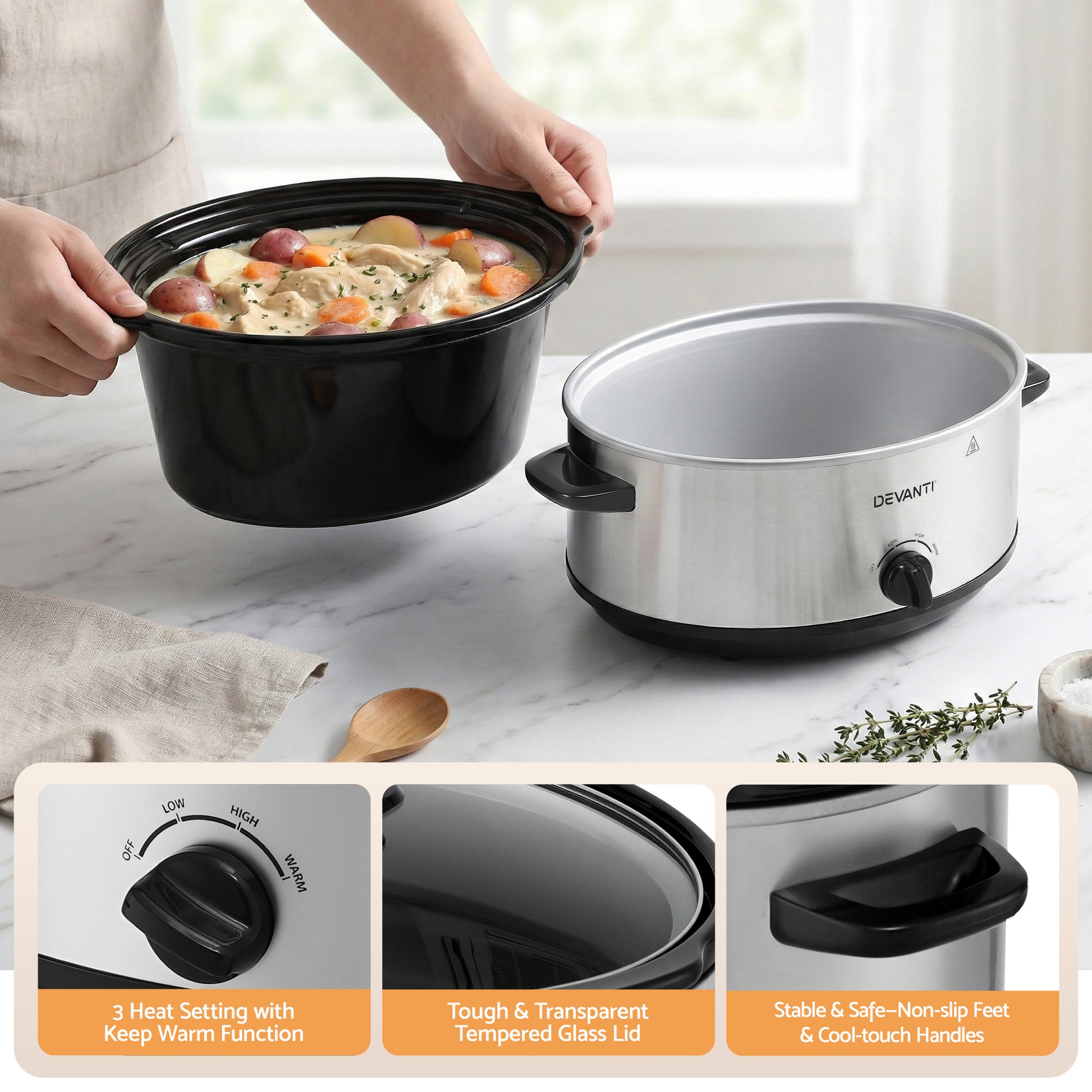 Devanti 6.5L Slow Cooker Electric Multi Cooker with 3 Heat Settings and Keep Warm Function - Image 7