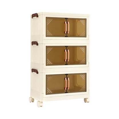 Artiss 3-Tier Foldable Storage Cabinet Stackable Box Clear Magnetic Door White - Image 3