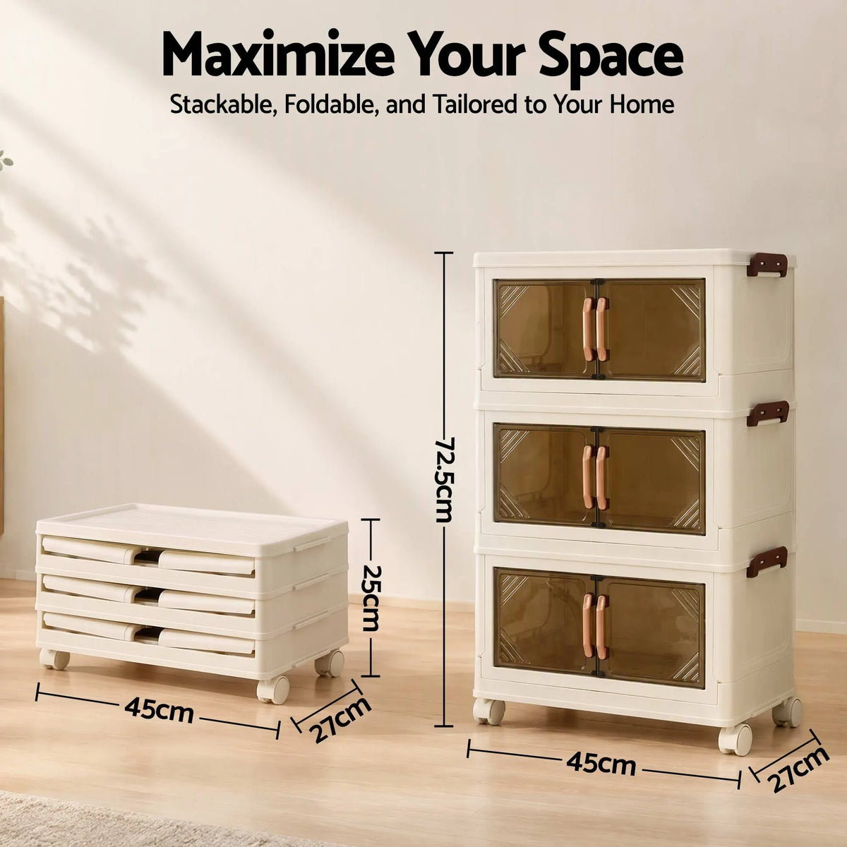 Artiss 3-Tier Foldable Storage Cabinet Stackable Box Clear Magnetic Door White - Image 4