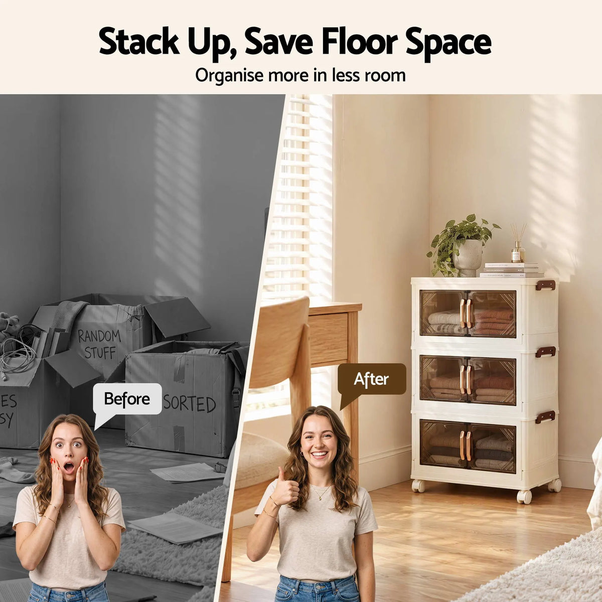 Artiss 3-Tier Foldable Storage Cabinet Stackable Box Clear Magnetic Door White - Image 6