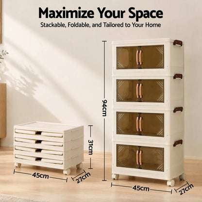 Artiss 4-Tier Foldable Storage Cabinet Stackable Box Clear Magnetic Door White - Image 4