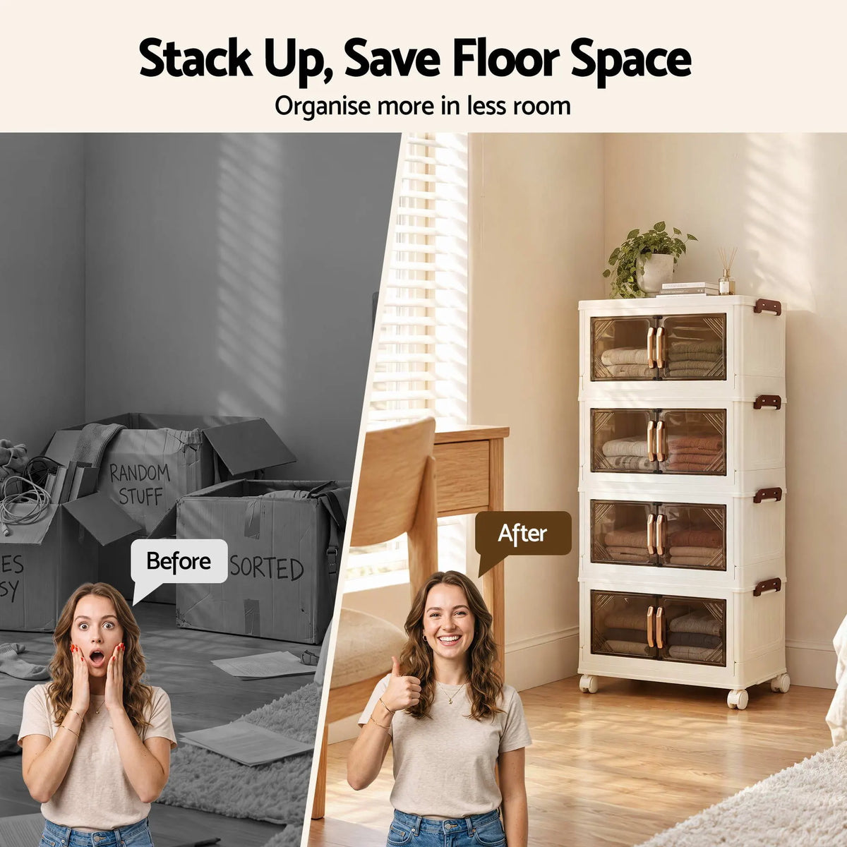 Artiss 4-Tier Foldable Storage Cabinet Stackable Box Clear Magnetic Door White - Image 6