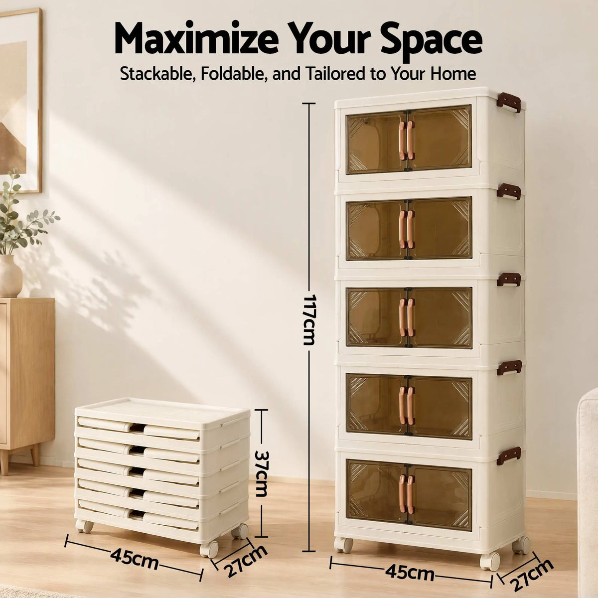 Artiss 5-Tier Foldable Storage Cabinet Stackable Box Clear Magnetic Door White - Image 4