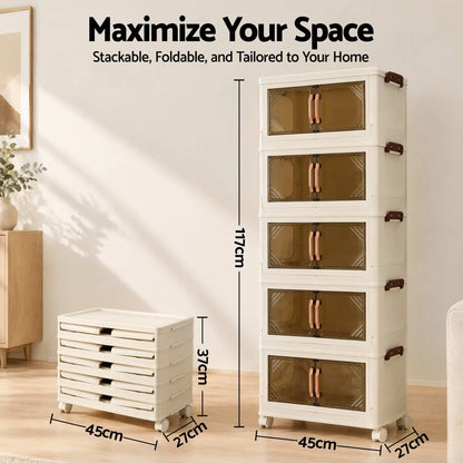 Artiss 5-Tier Foldable Storage Cabinet Stackable Box Clear Magnetic Door White - Image 4