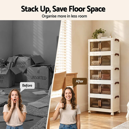 Artiss 5-Tier Foldable Storage Cabinet Stackable Box Clear Magnetic Door White - Image 6