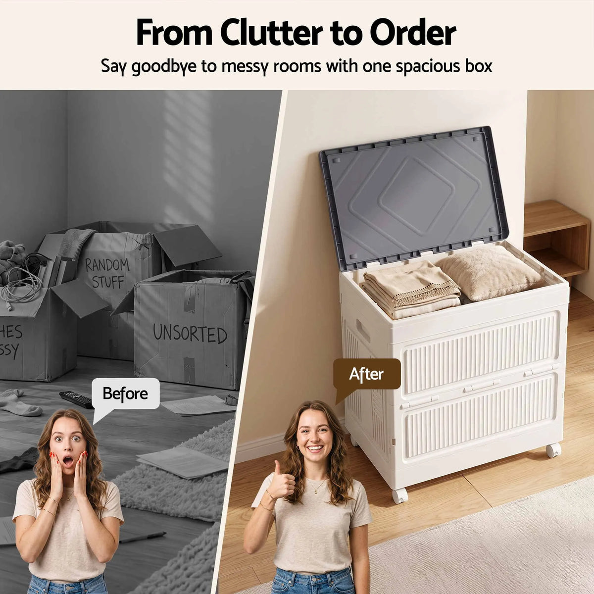 Artiss Foldable Storage Cabinet Stackable Box Flip-Top Rolling Organiser White - Image 5