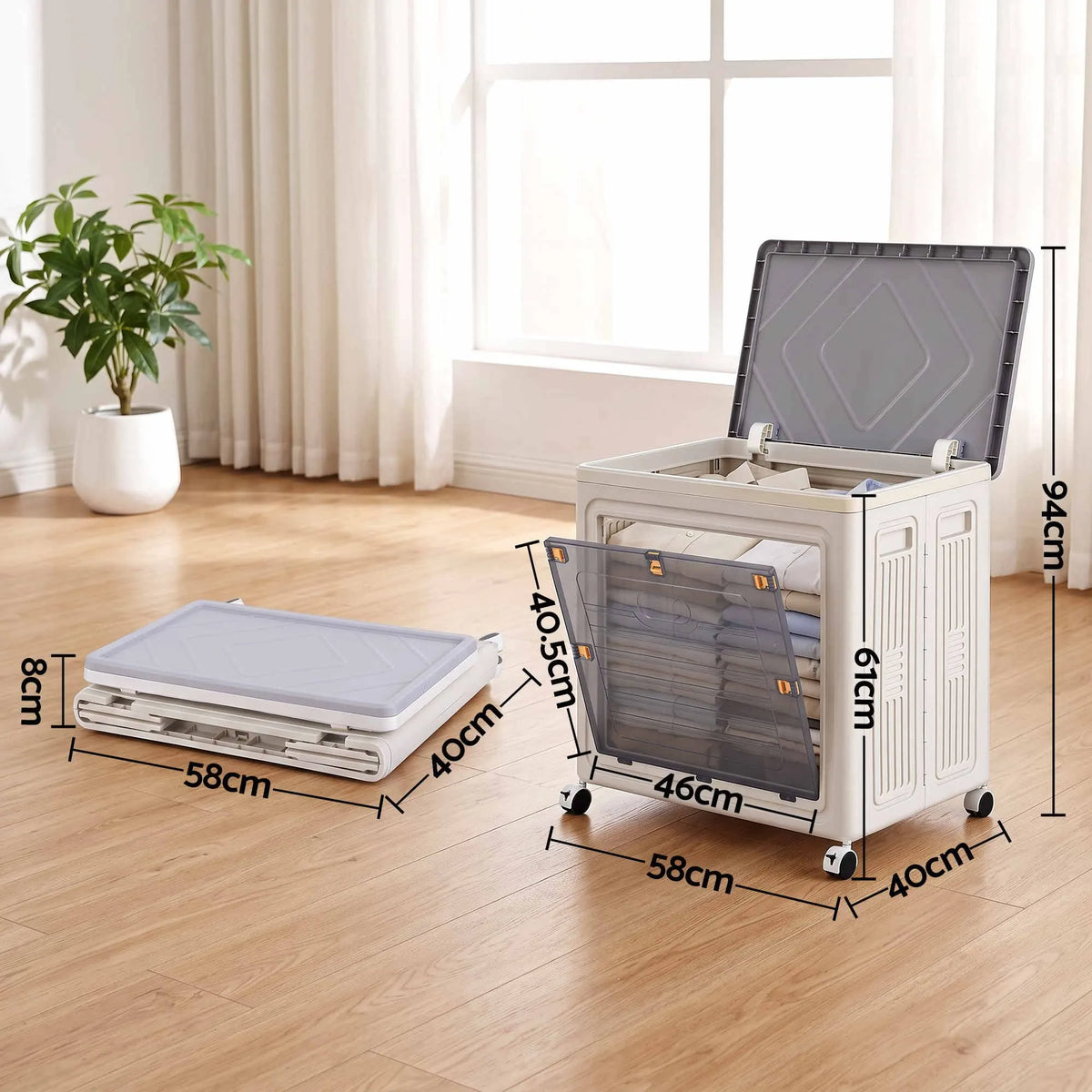 Artiss Foldable Storage Cabinet Stackable Box 2 Doors Rolling Organiser White - Image 3