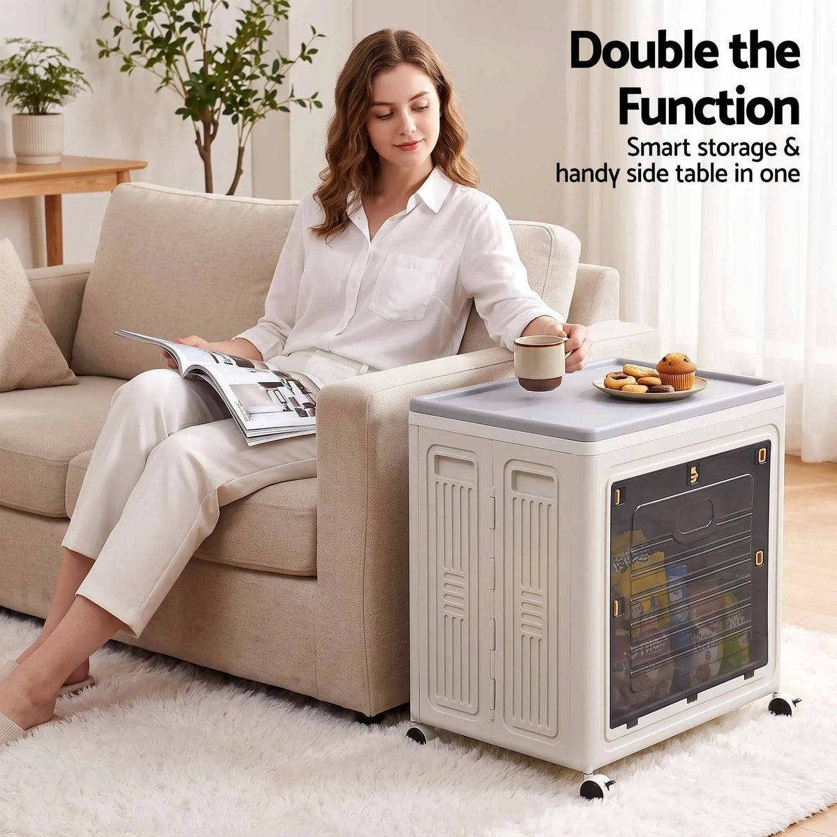 Artiss Foldable Storage Cabinet Stackable Box 2 Doors Rolling Organiser White - Image 6