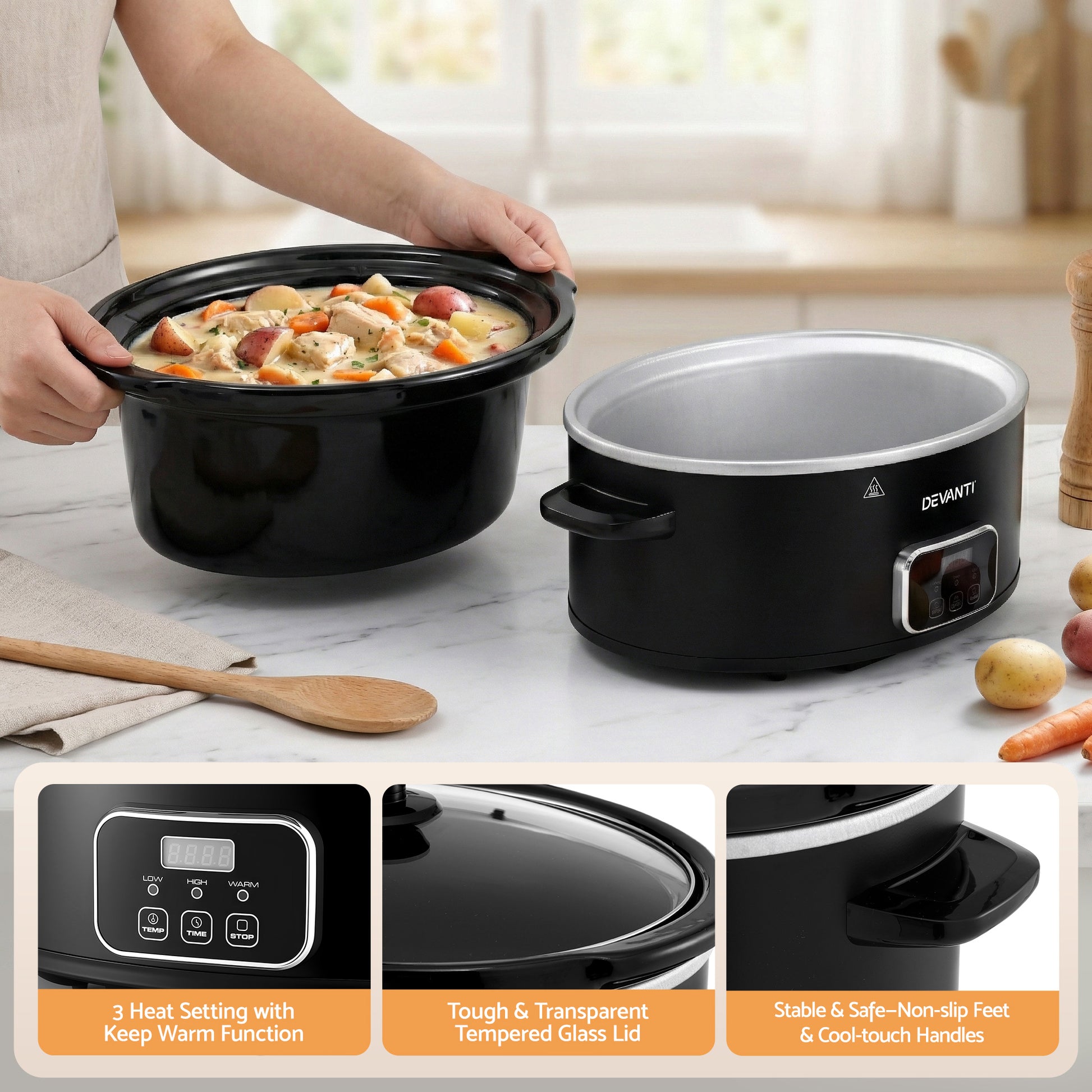 Devanti 5.6L Slow Cooker Electric Multi Cooker with 3 Heat Settings and Keep Warm Function - Image 8