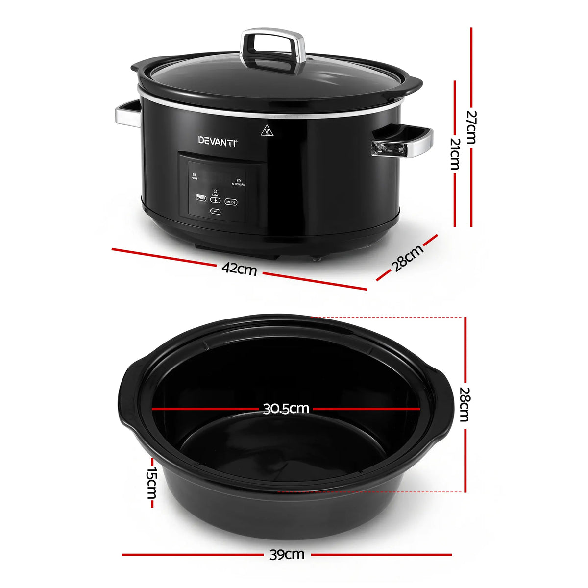 Devanti 8L Slow Cooker Electric Multi Cooker with 3 Heat Settings and Keep Warm Function - Image 2