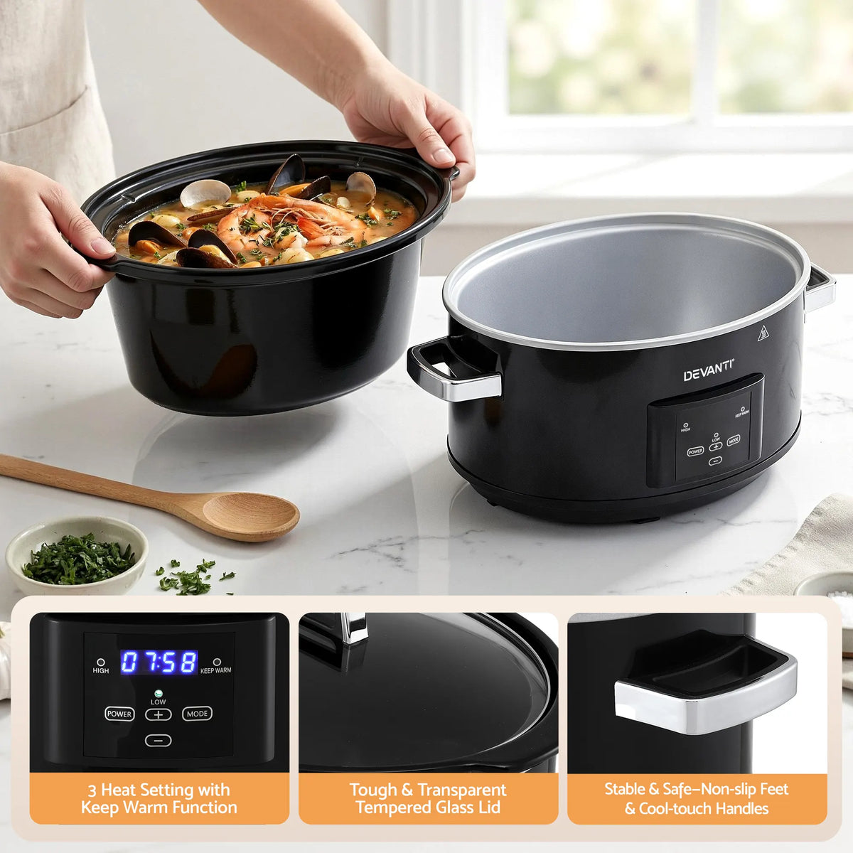 Devanti 8L Slow Cooker Electric Multi Cooker with 3 Heat Settings and Keep Warm Function - Image 8