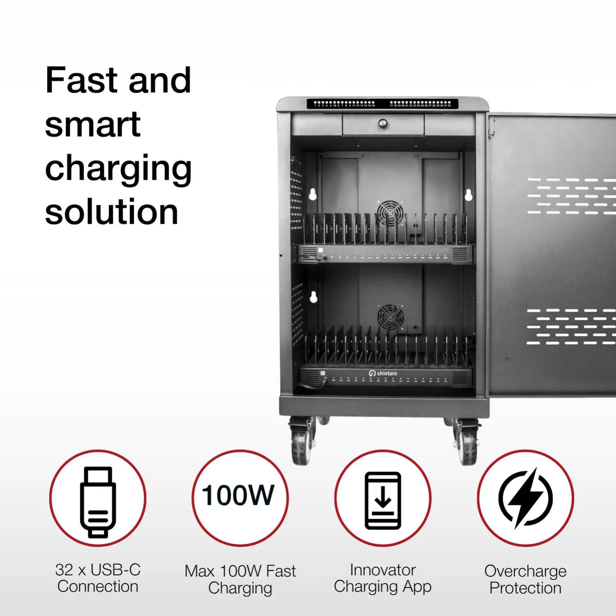 Shintaro 32-Port USB-C PD 3.0 2000W Charging Trolley - Charging Cabinets - Image 4