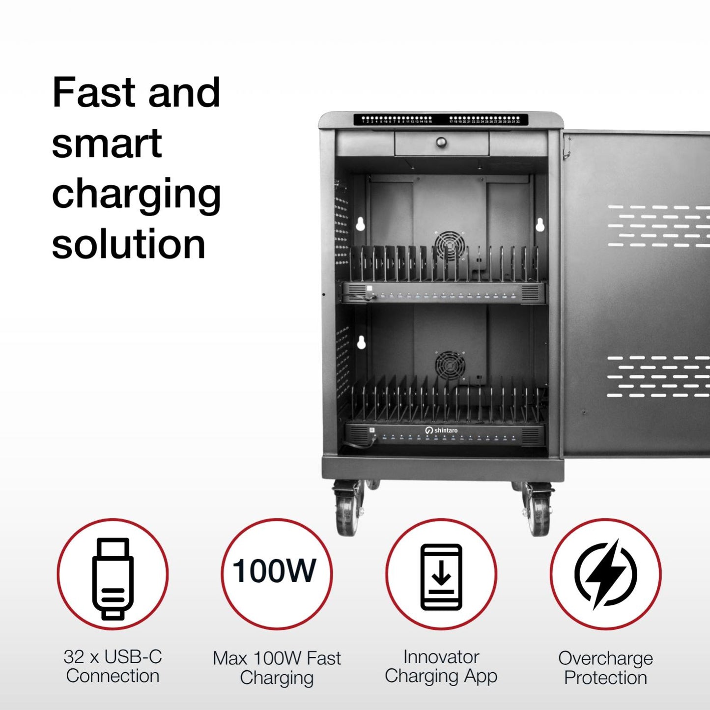 Shintaro 32-Port USB-C 2000W Charging Trolley - Charging Cabinets - Image 4