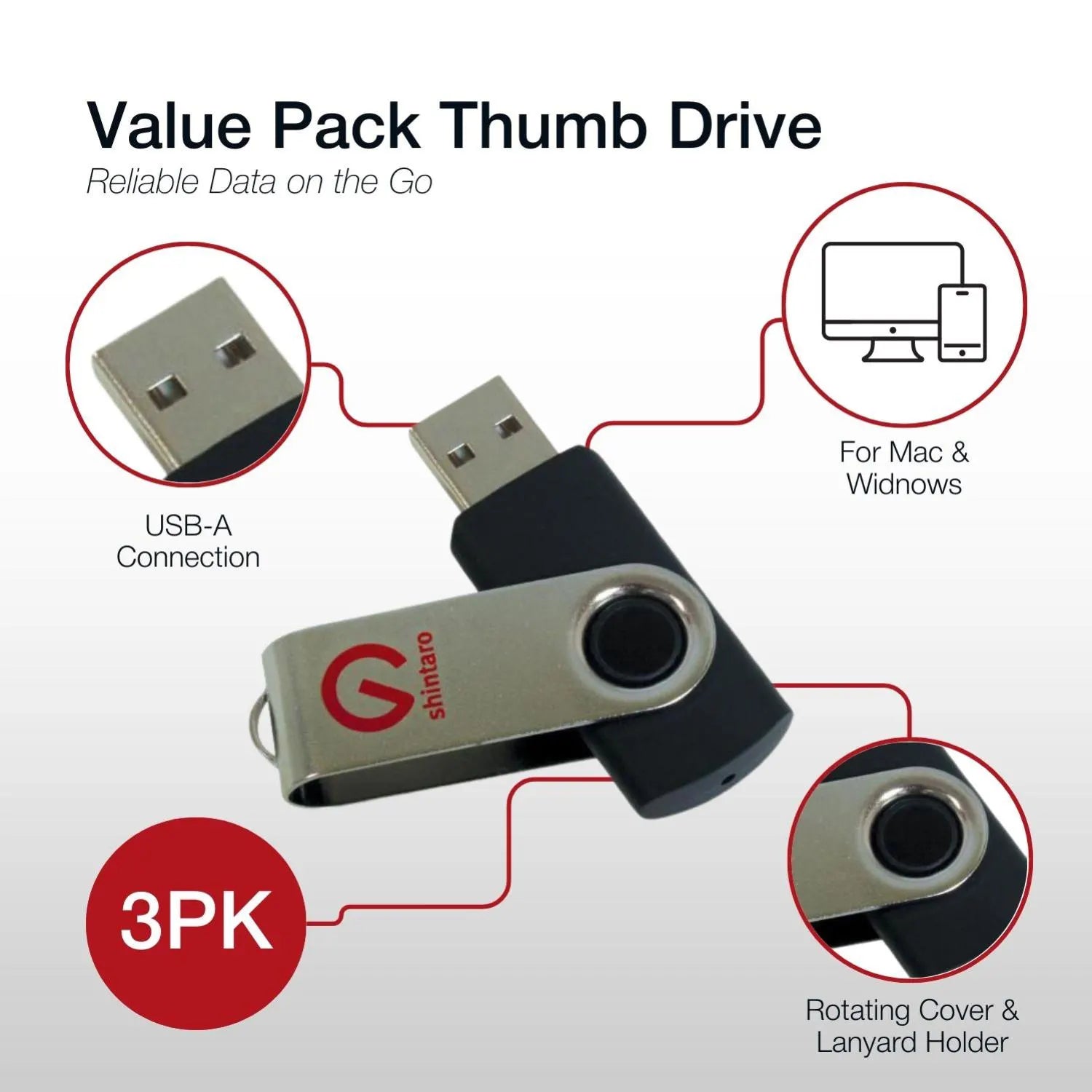 Shintaro 8GB USB 2.0 Rotating Pocket Disk - 3 Pack - USB Pocket Drive - Image 3