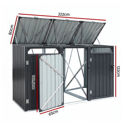 Giantz Bin Shed Triple Wheelie Waste Bins Storage Steel Garden Enclosure Grey - Image 2