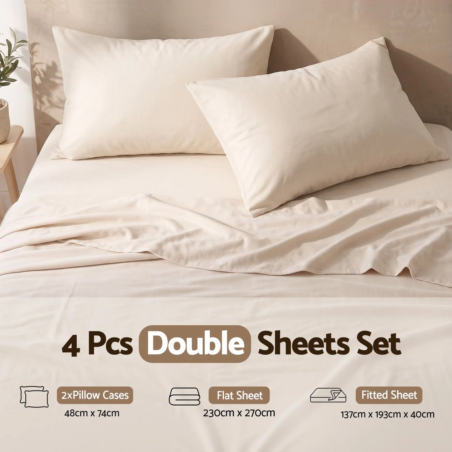 Giselle Double Sheet Set 150 GSM Anti-pilling Micro Flannel, Fast Drying Lightweight 4 Piece, 40CM Deep Pocket Fits Thick Mattress, Cream White - Image 2