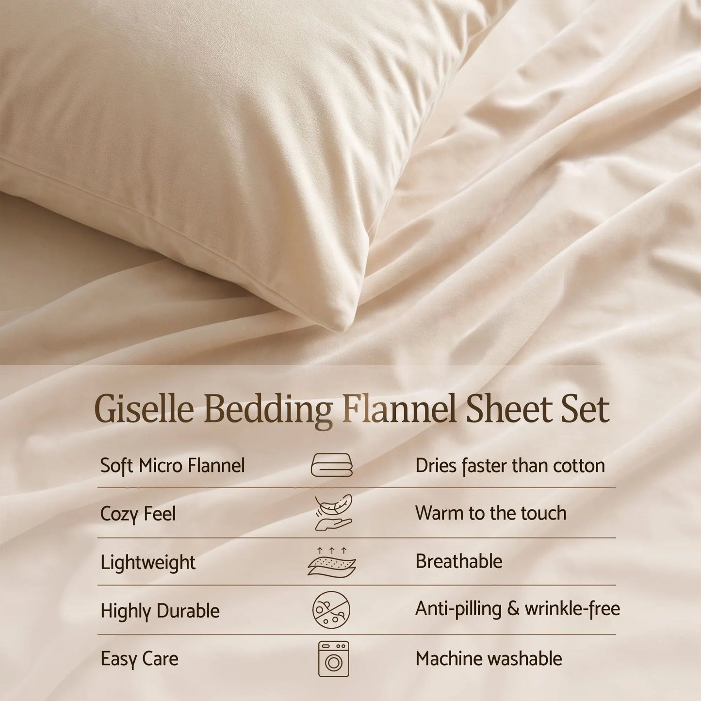Giselle Double Sheet Set 150 GSM Anti-pilling Micro Flannel, Fast Drying Lightweight 4 Piece, 40CM Deep Pocket Fits Thick Mattress, Cream White - Image 4