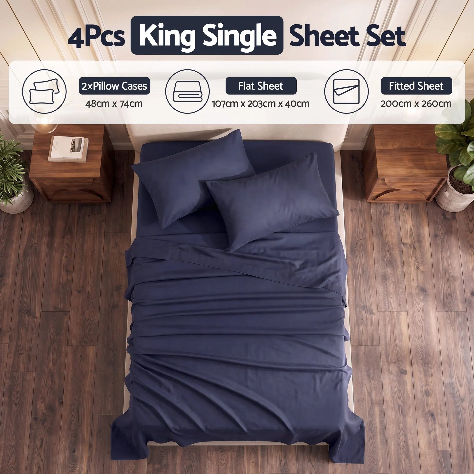 Giselle Kingsingle 500TC Cotton 4Pcs Sheet Set with 40cm Extra Deep Pocket for Thick Mattresses Sateen Weave for Sweaty Nights Navy Blue - Image 2