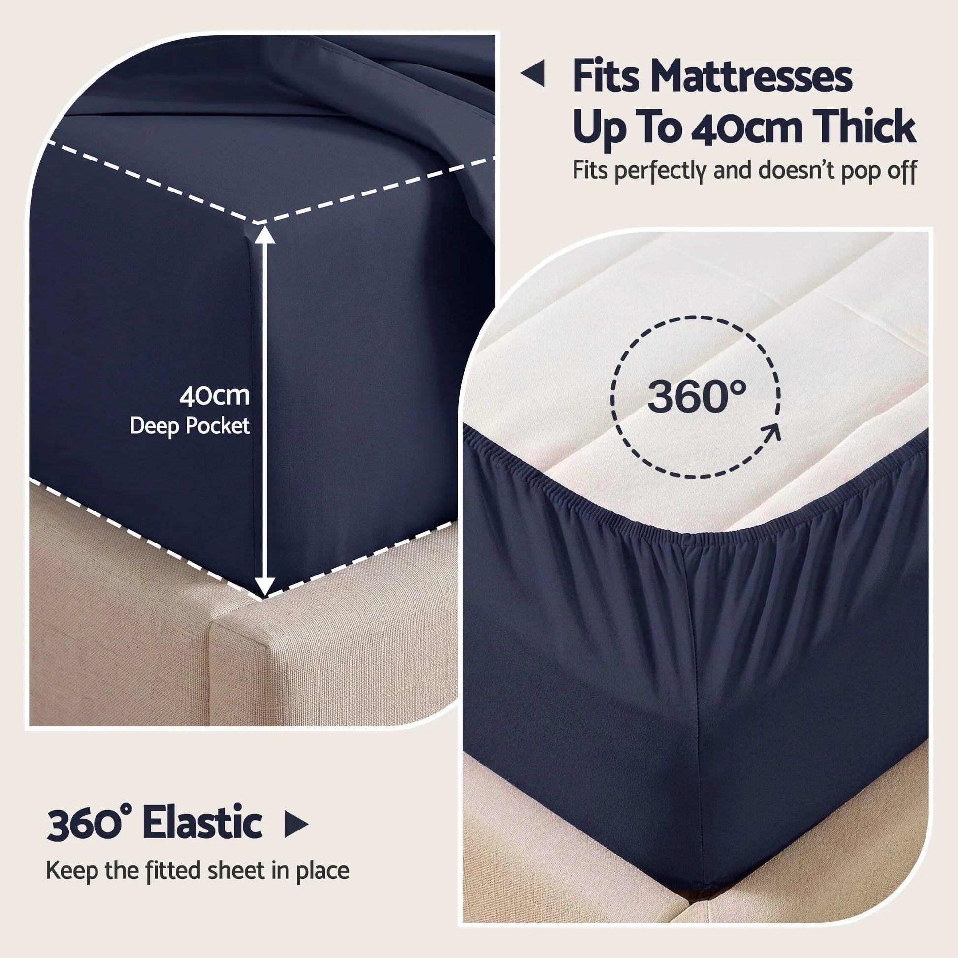 Giselle Kingsingle 500TC Cotton 4Pcs Sheet Set with 40cm Extra Deep Pocket for Thick Mattresses Sateen Weave for Sweaty Nights Navy Blue - Image 3