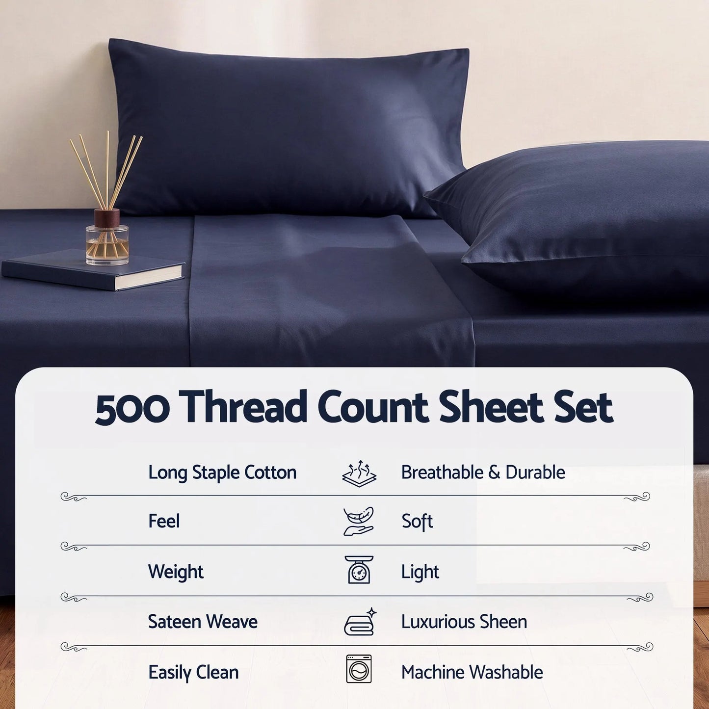 Giselle Kingsingle 500TC Cotton 4Pcs Sheet Set with 40cm Extra Deep Pocket for Thick Mattresses Sateen Weave for Sweaty Nights Navy Blue - Image 4