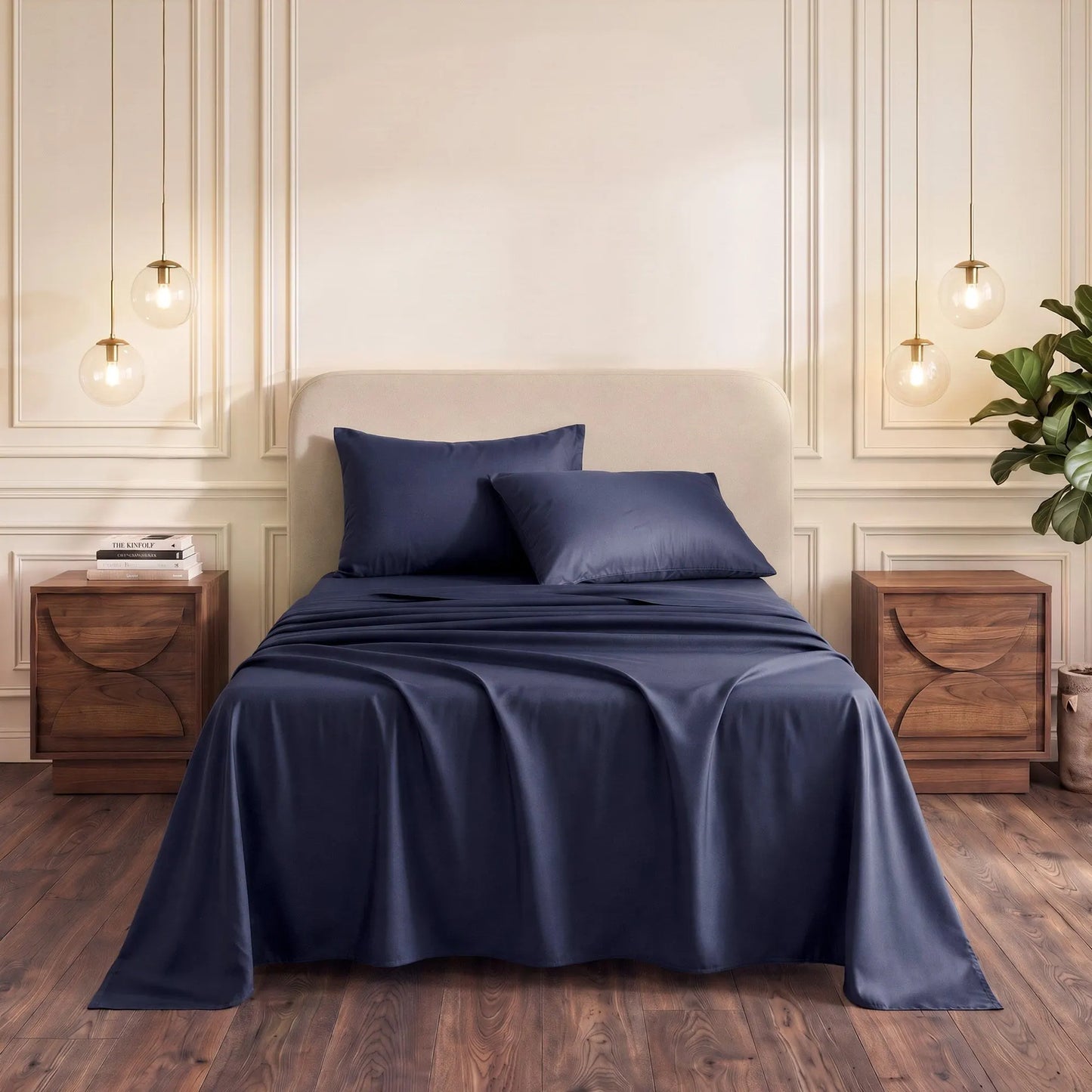 Giselle Kingsingle 500TC Cotton 4Pcs Sheet Set with 40cm Extra Deep Pocket for Thick Mattresses Sateen Weave for Sweaty Nights Navy Blue - Image 8
