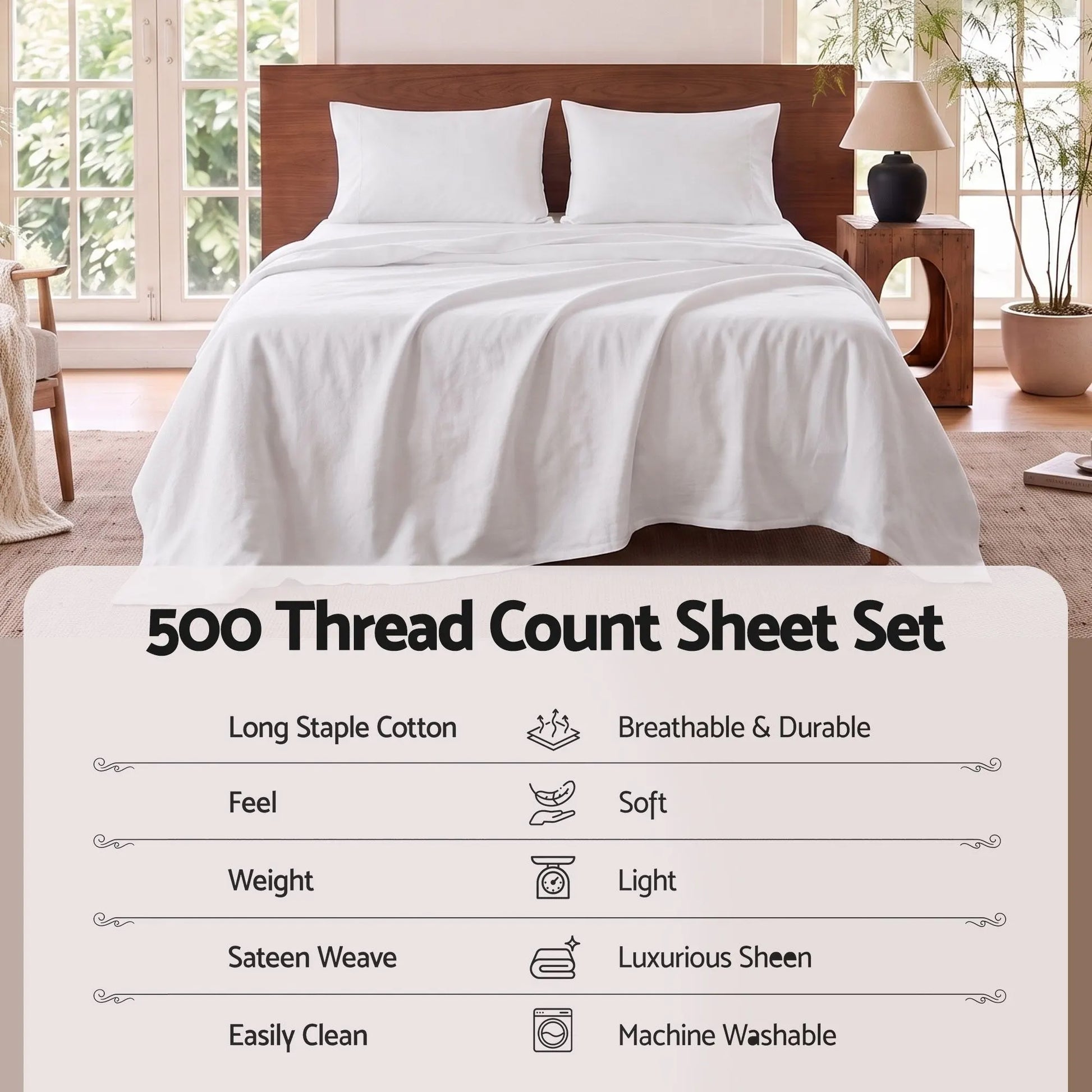 Giselle Double 500TC Cotton 4Pcs Sheet Set with 40cm Extra Deep Pocket for Thick Mattresses Sateen Weave for Sweaty Nights White - Image 4