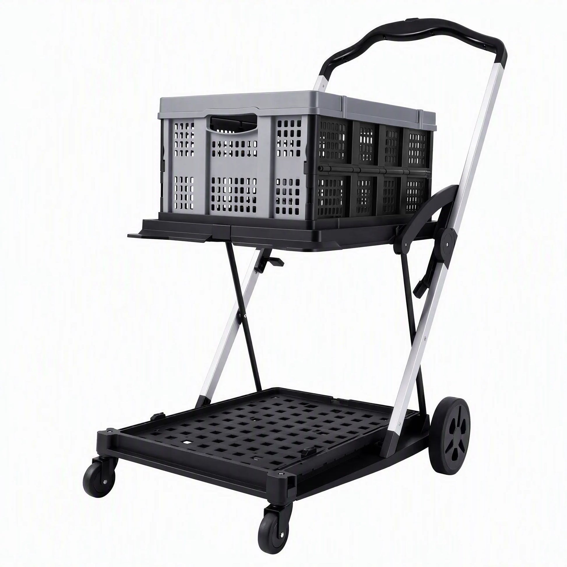 Artiss Shopping Trolley with Wheels 2 Layer w/1 Crate Foldable Trolley Grey