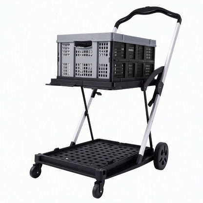 Artiss Shopping Trolley with Wheels 2 Layer w/1 Crate Foldable Trolley Grey