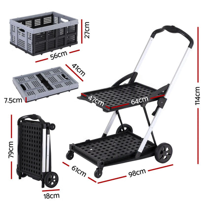 Artiss Shopping Trolley with Wheels 2 Layer w/1 Crate Foldable Trolley Grey - Image 2