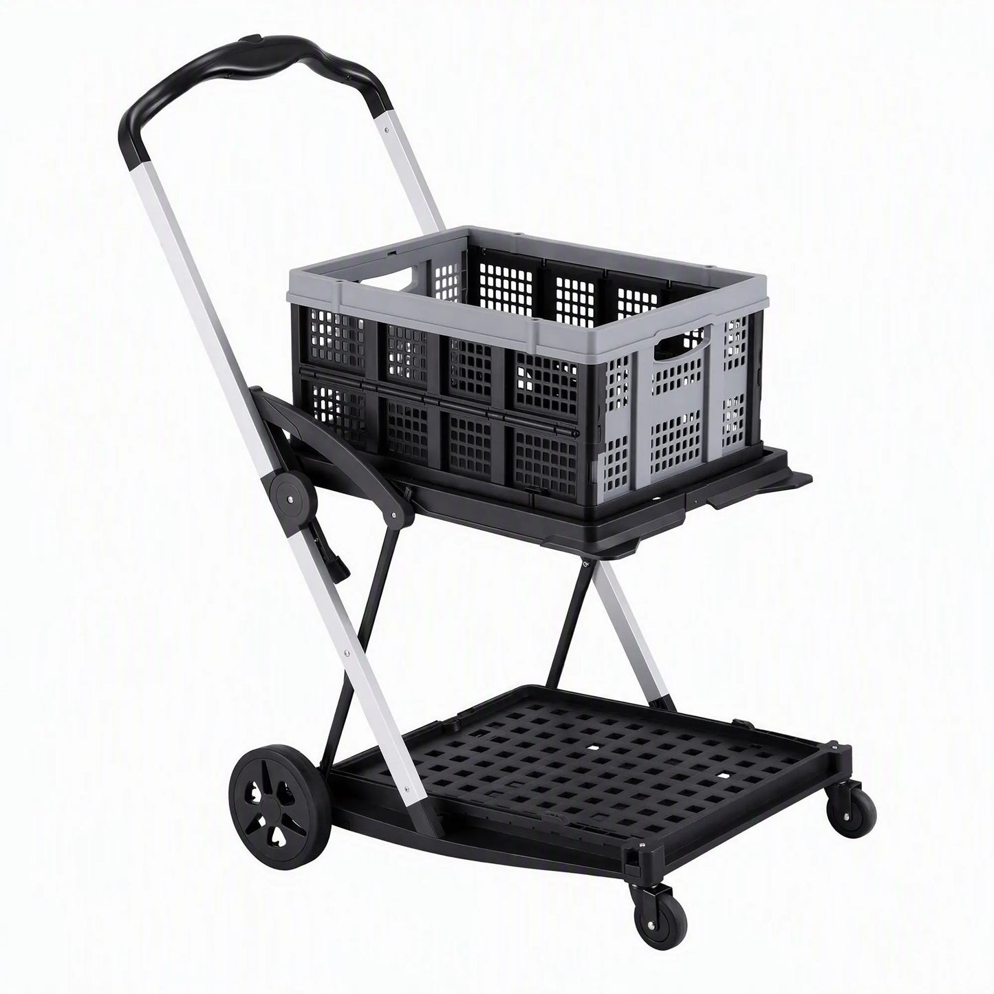 Artiss Shopping Trolley with Wheels 2 Layer w/1 Crate Foldable Trolley Grey - Image 3