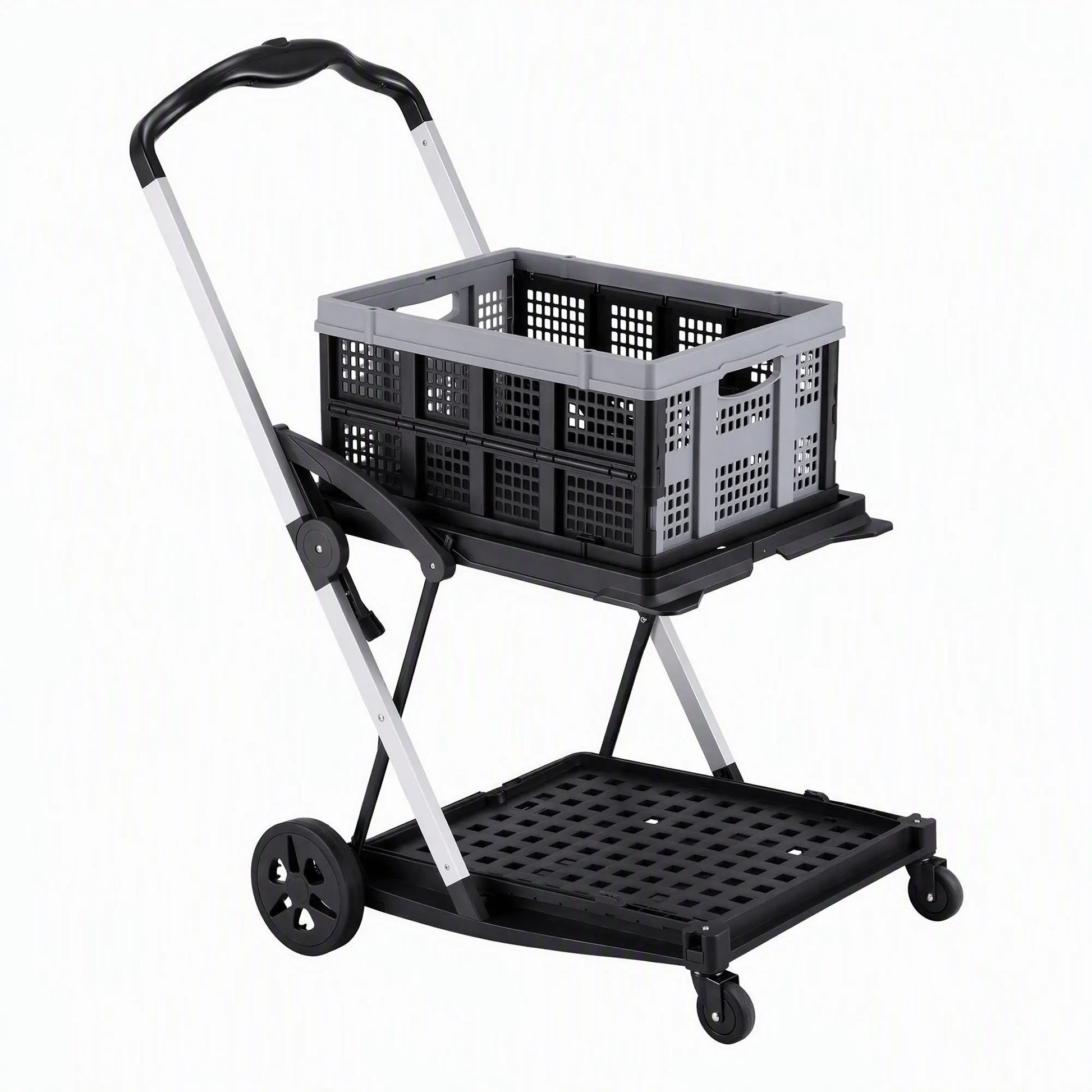Artiss Shopping Trolley with Wheels 2 Layer w/1 Crate Foldable Trolley Grey - Image 3