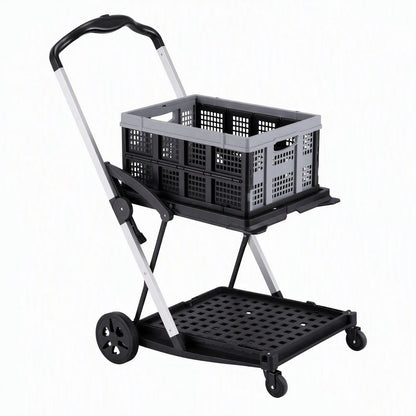 Artiss Shopping Trolley with Wheels 2 Layer w/1 Crate Foldable Trolley Grey - Image 3