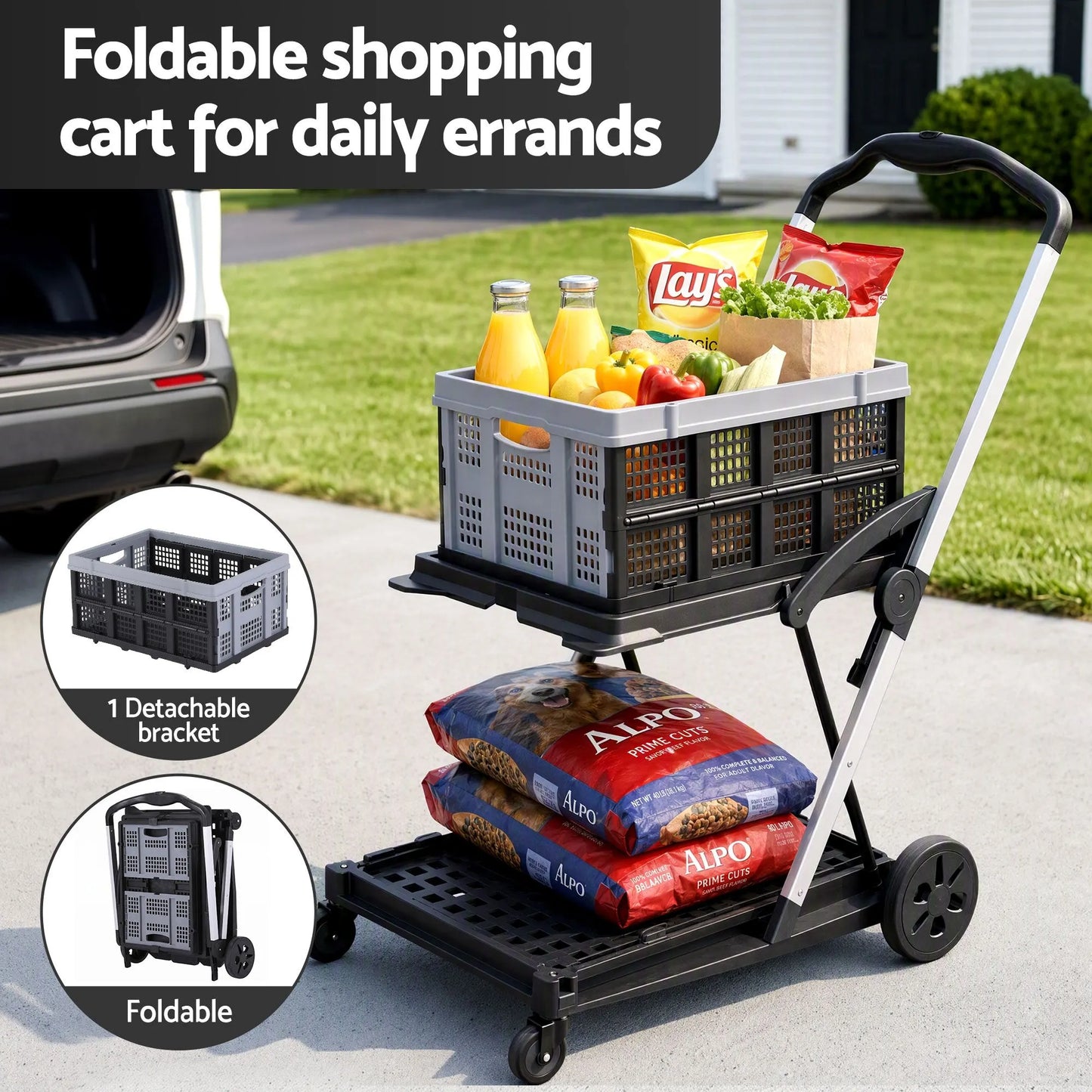 Artiss Shopping Trolley with Wheels 2 Layer w/1 Crate Foldable Trolley Grey - Image 4