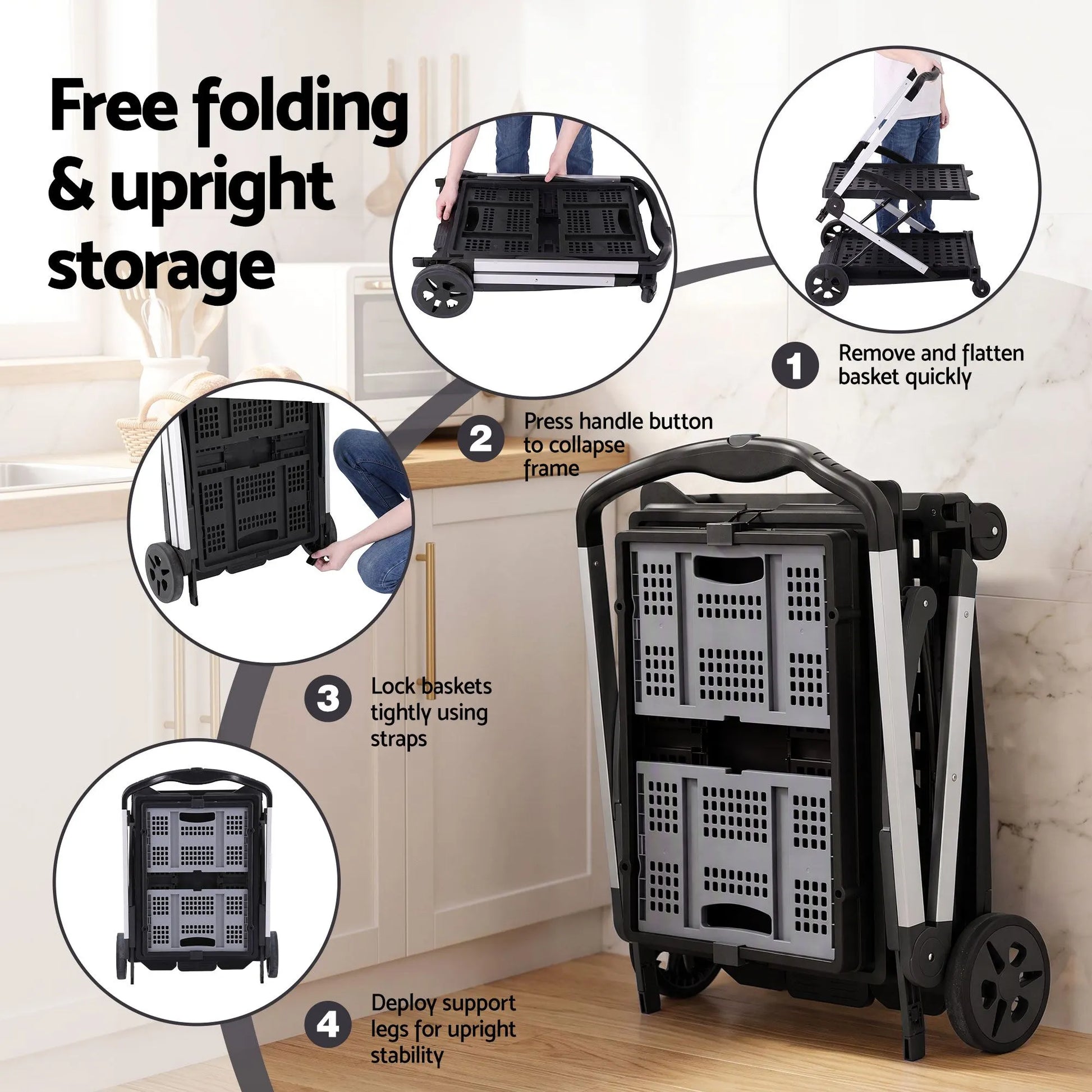 Artiss Shopping Trolley with Wheels 2 Layer w/1 Crate Foldable Trolley Grey - Image 5