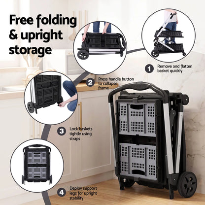 Artiss Shopping Trolley with Wheels 2 Layer w/1 Crate Foldable Trolley Grey - Image 5