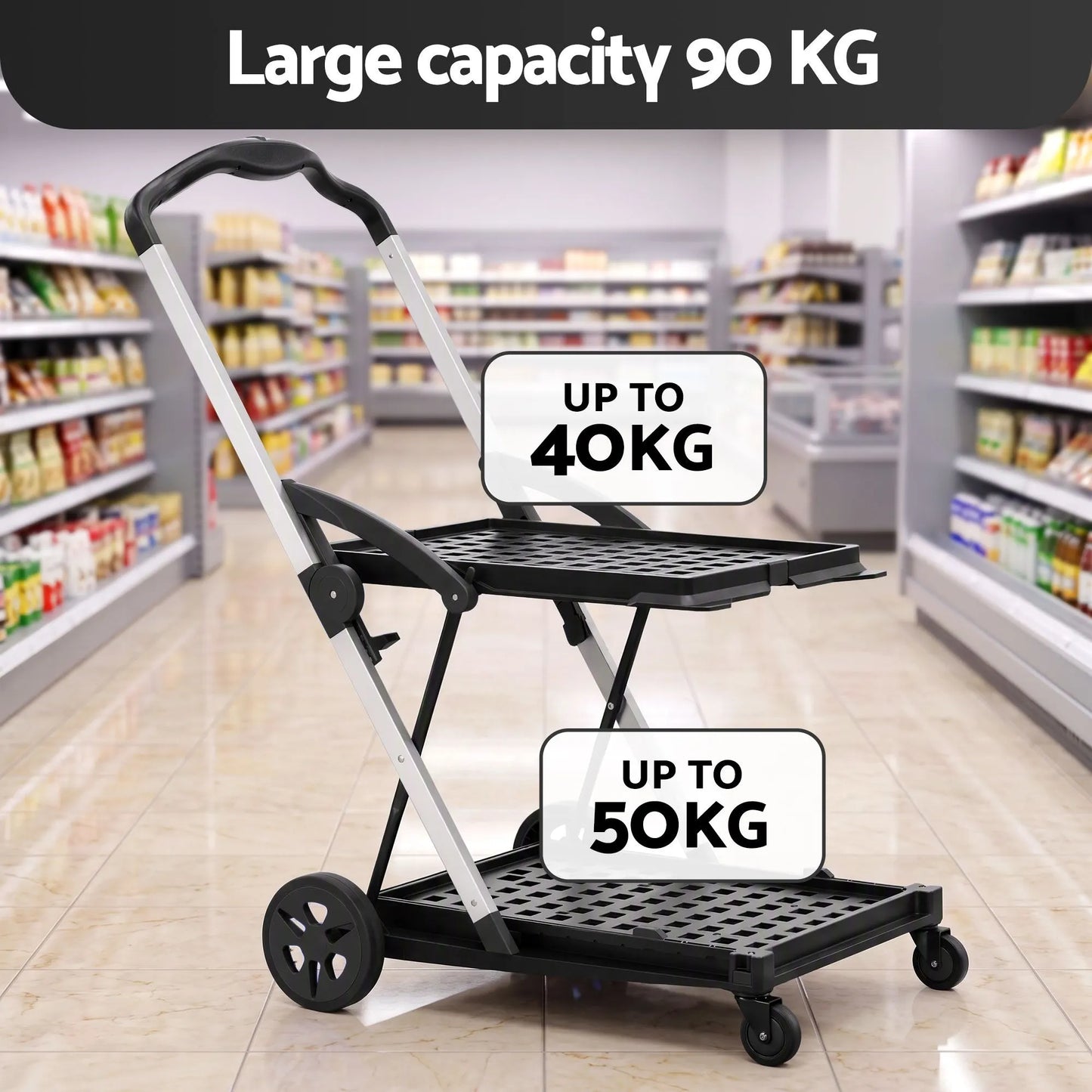 Artiss Shopping Trolley with Wheels 2 Layer w/1 Crate Foldable Trolley Grey - Image 6