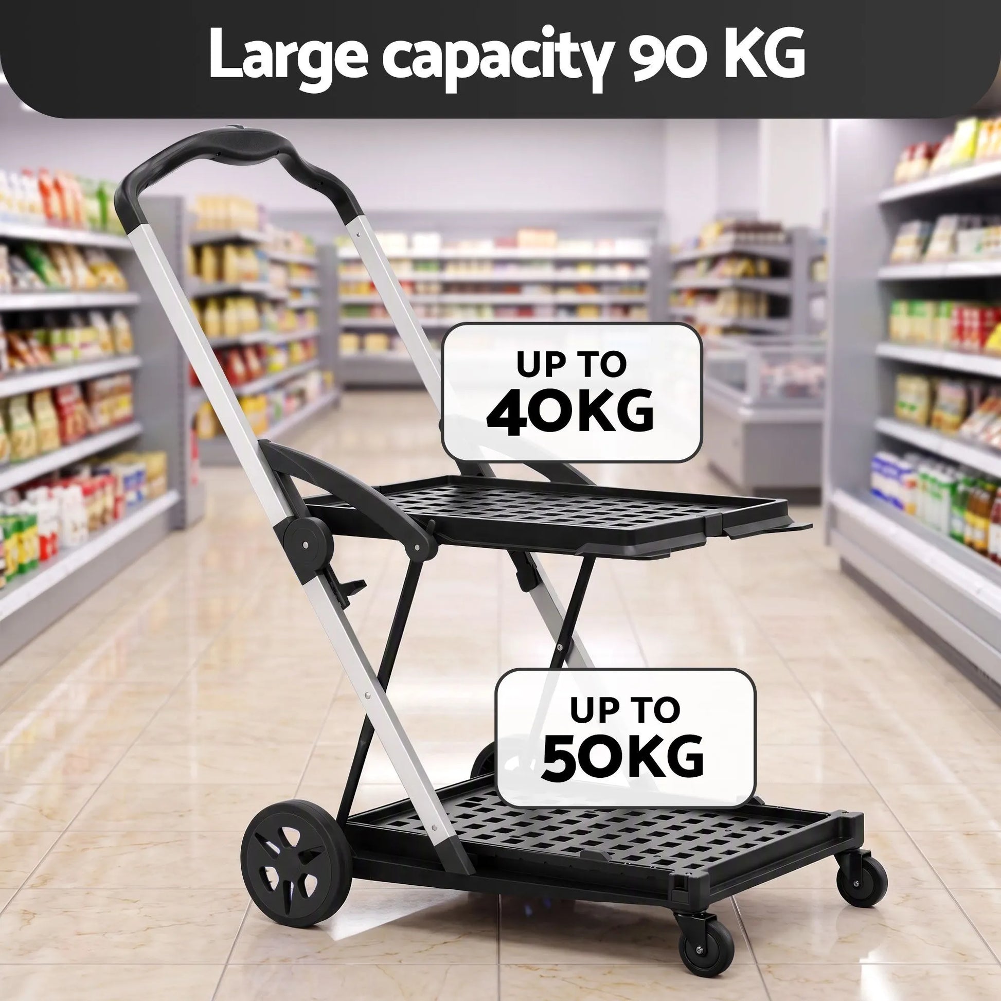 Artiss Shopping Trolley with Wheels 2 Layer w/1 Crate Foldable Trolley Grey - Image 6