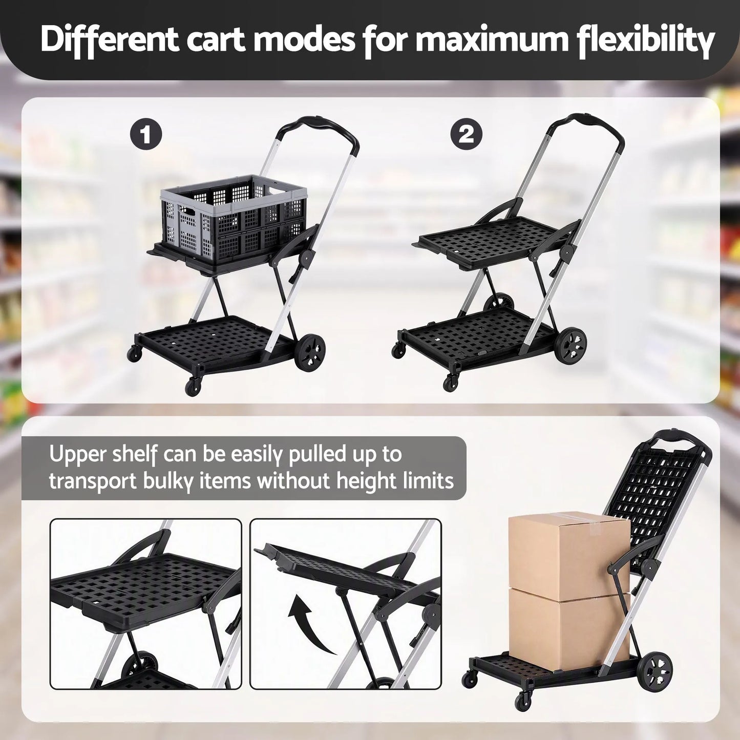 Artiss Shopping Trolley with Wheels 2 Layer w/1 Crate Foldable Trolley Grey - Image 7