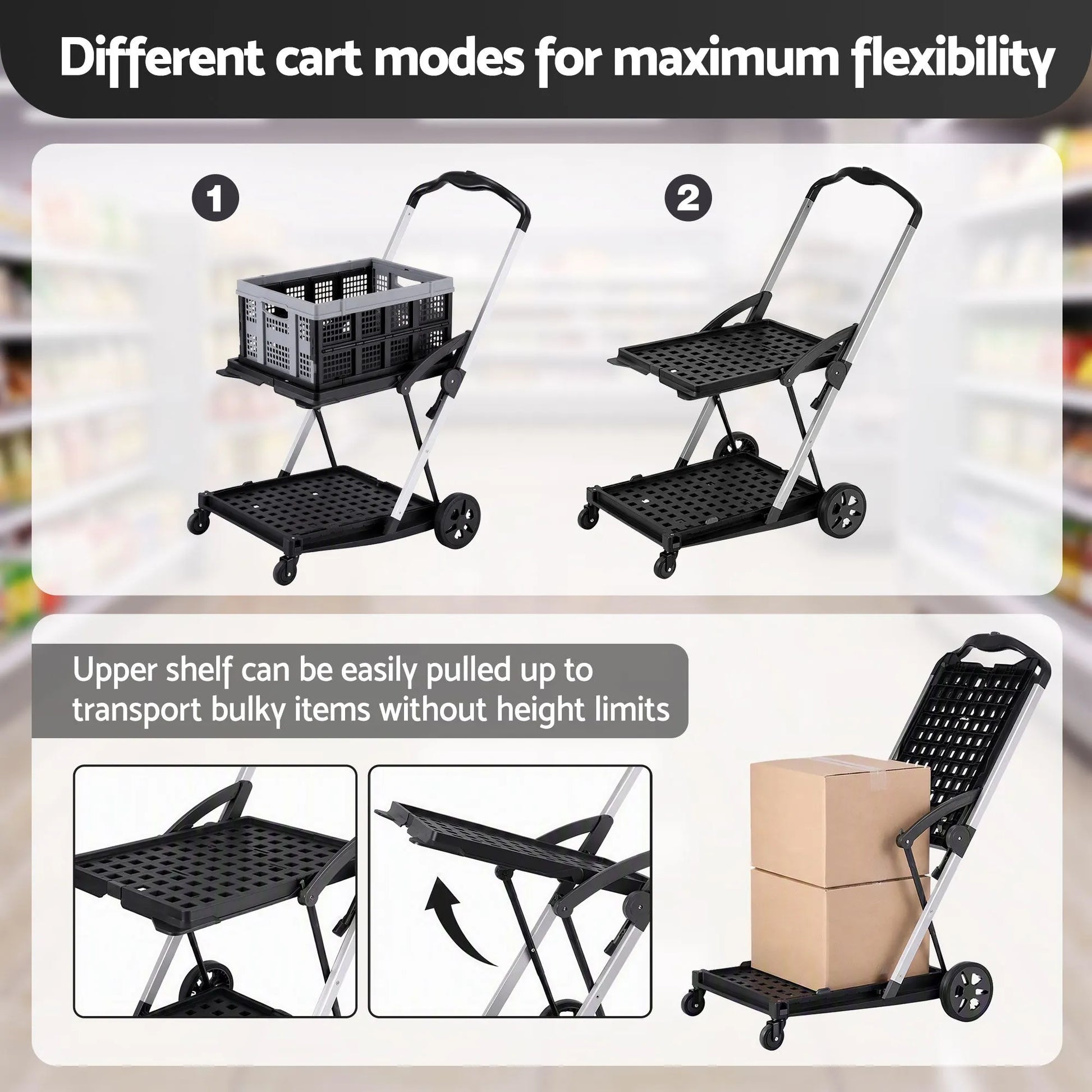 Artiss Shopping Trolley with Wheels 2 Layer w/1 Crate Foldable Trolley Grey - Image 7
