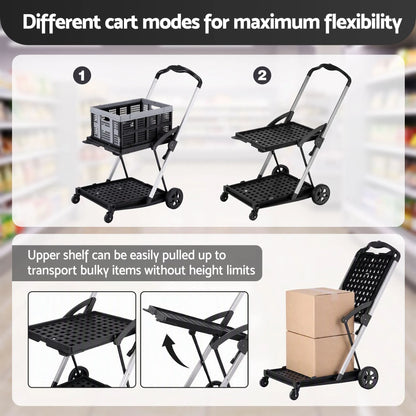 Artiss Shopping Trolley with Wheels 2 Layer w/1 Crate Foldable Trolley Grey - Image 7