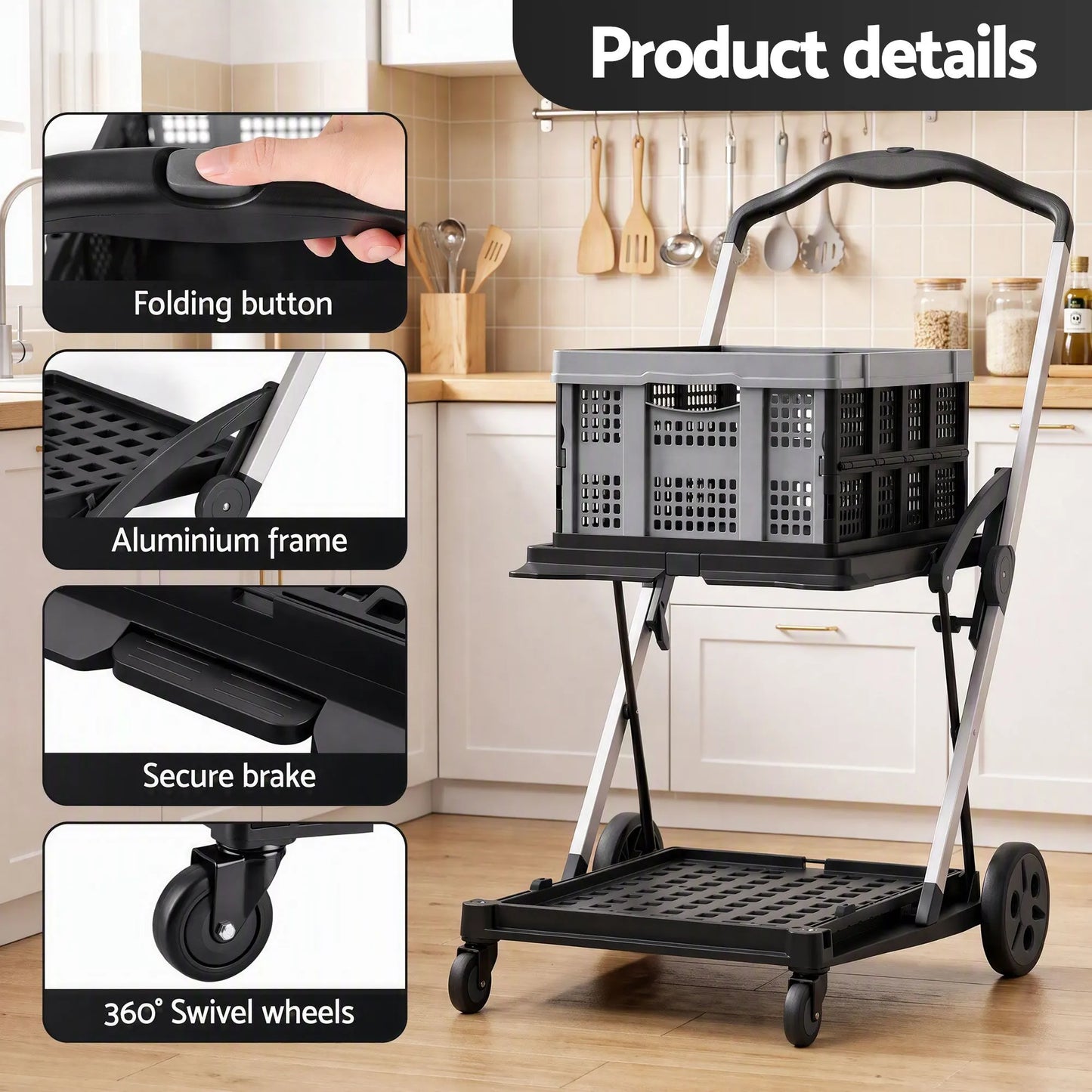 Artiss Shopping Trolley with Wheels 2 Layer w/1 Crate Foldable Trolley Grey - Image 8