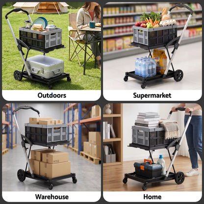 Artiss Shopping Trolley with Wheels 2 Layer w/1 Crate Foldable Trolley Grey - Image 9