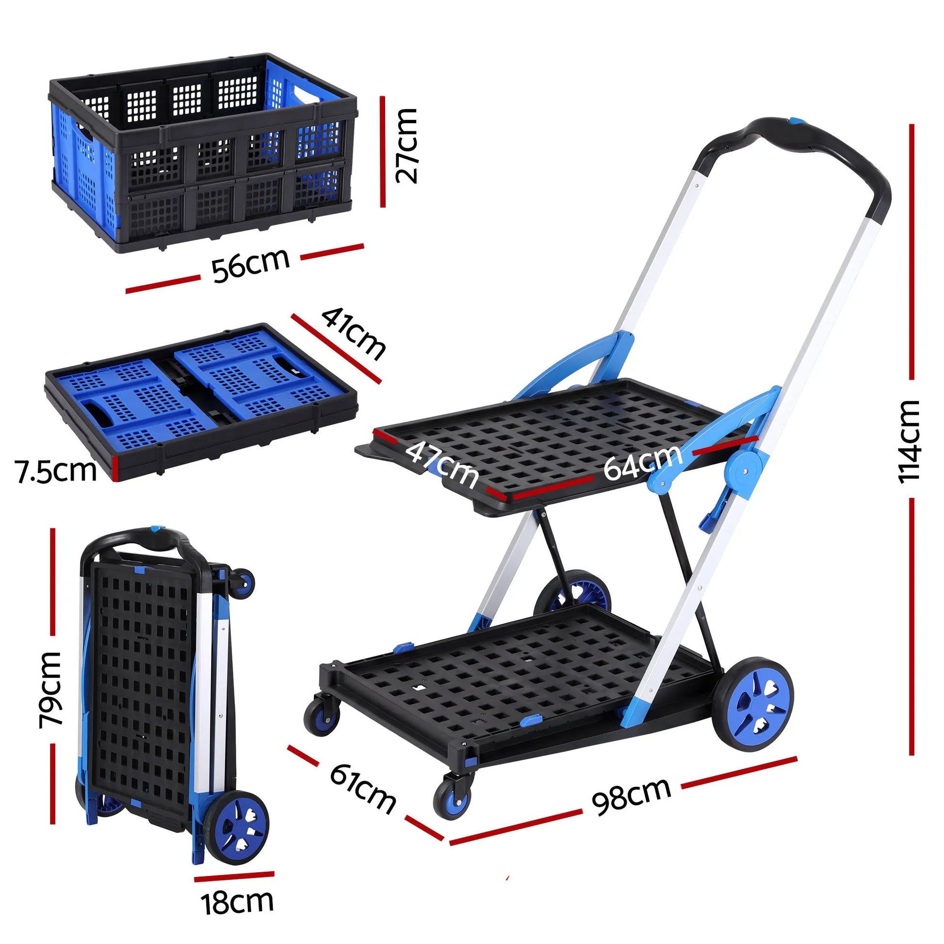 Artiss Shopping Trolley with Wheels 2 Layer w/2 Crates Foldable Trolley Blue - Image 2