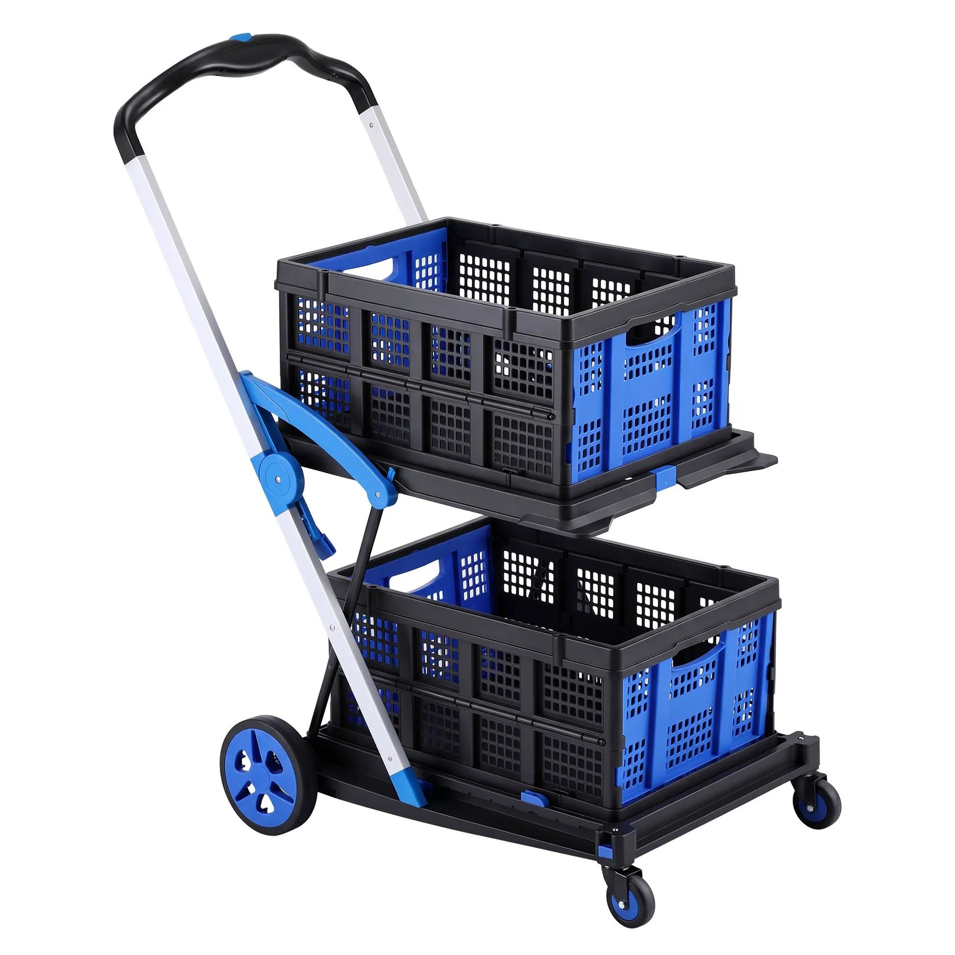 Artiss Shopping Trolley with Wheels 2 Layer w/2 Crates Foldable Trolley Blue - Image 3