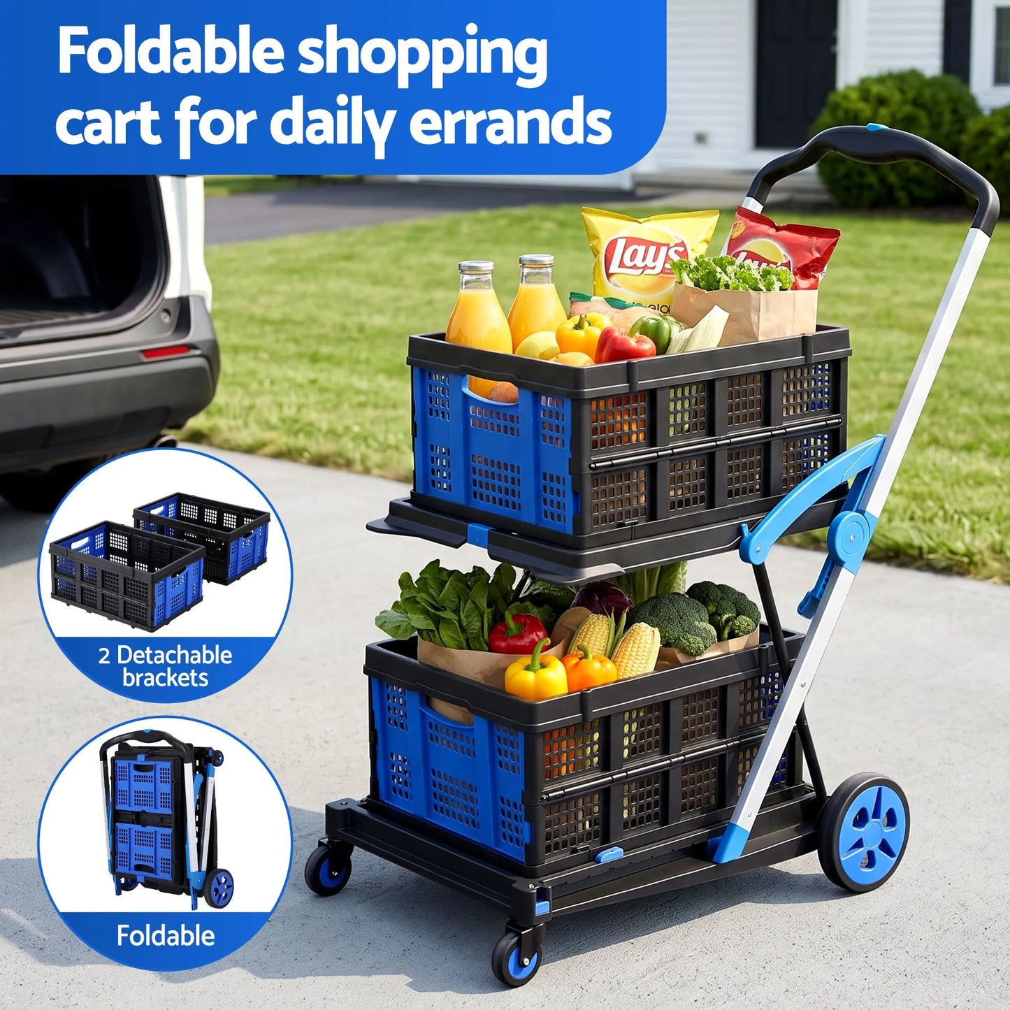Artiss Shopping Trolley with Wheels 2 Layer w/2 Crates Foldable Trolley Blue - Image 4
