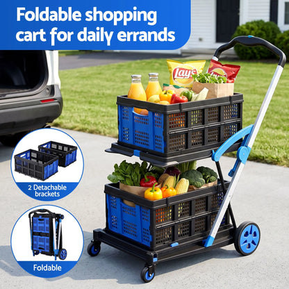 Artiss Shopping Trolley with Wheels 2 Layer w/2 Crates Foldable Trolley Blue - Image 4
