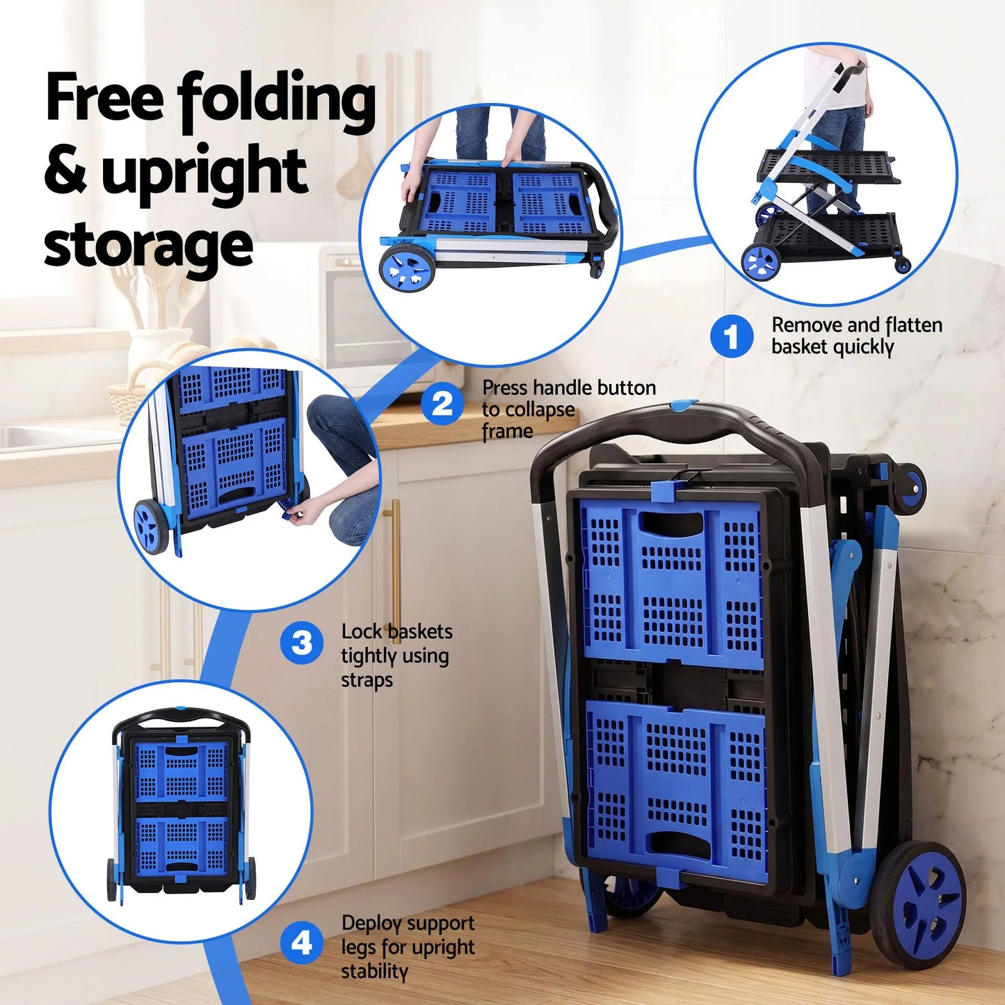 Artiss Shopping Trolley with Wheels 2 Layer w/2 Crates Foldable Trolley Blue - Image 5