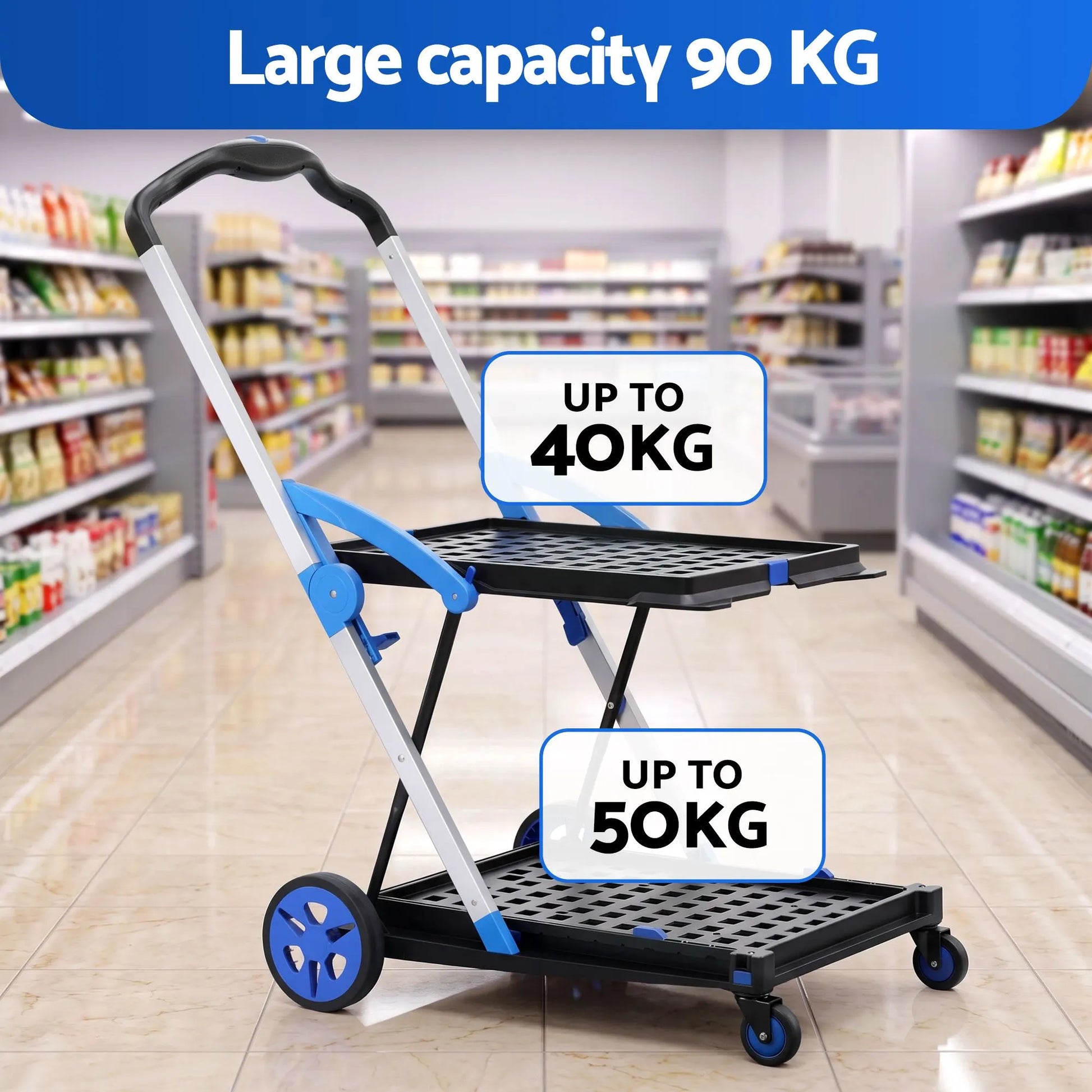 Artiss Shopping Trolley with Wheels 2 Layer w/2 Crates Foldable Trolley Blue - Image 6