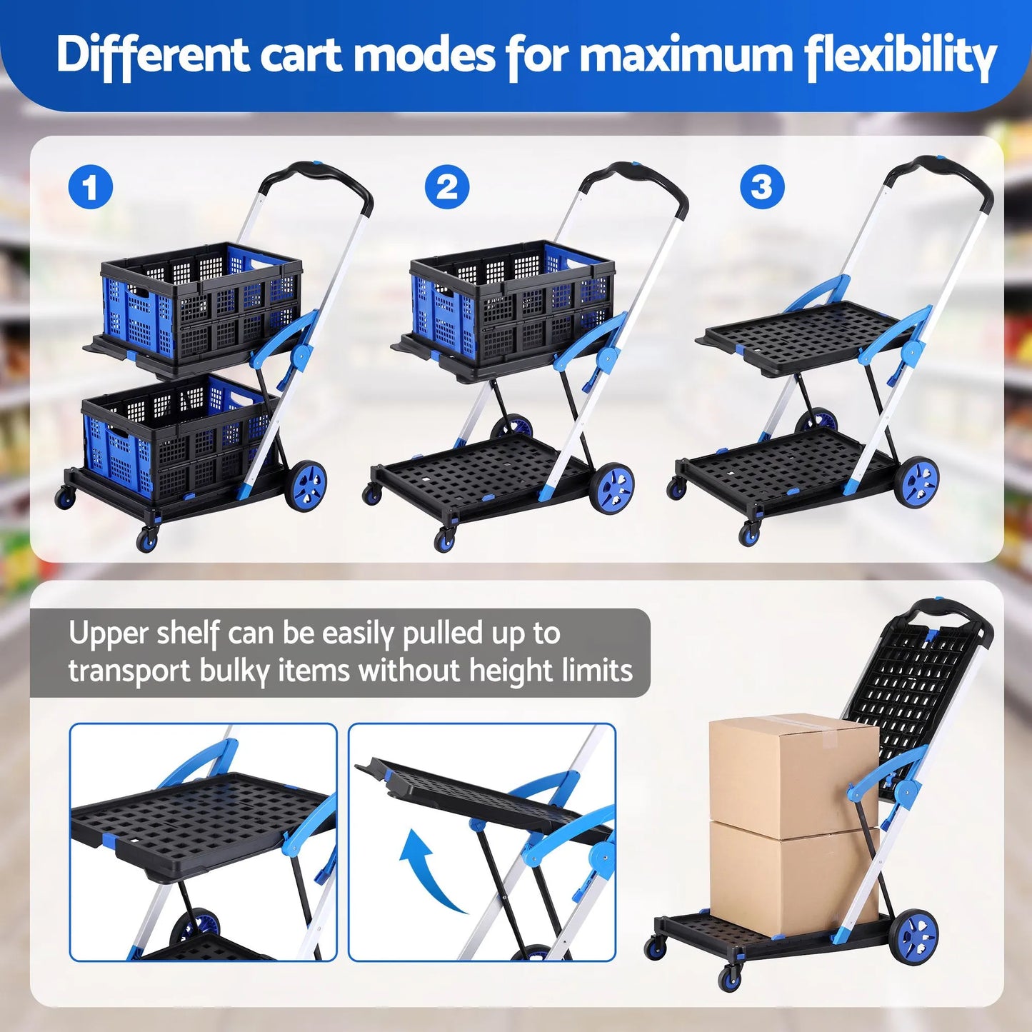 Artiss Shopping Trolley with Wheels 2 Layer w/2 Crates Foldable Trolley Blue - Image 7